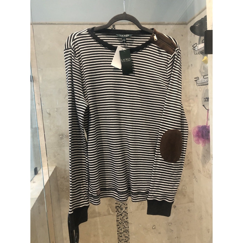 Lauren Ralph Lauren Equestrian Striped Elbow Patch Shirt Grey L Cotton NEW